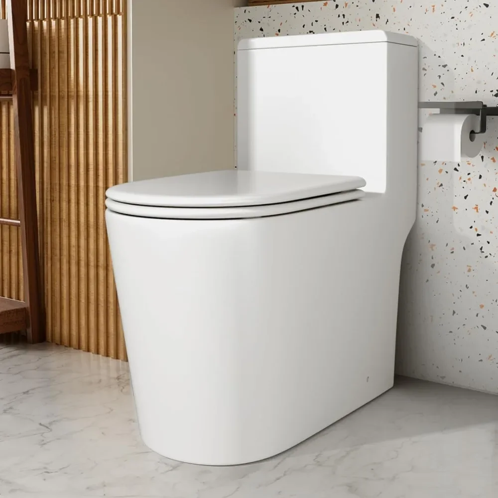 Dual Flush Elongated Standard One Piece Toilet with Comfortable Seat Height, Powerful & Quiet Dual Flush Modern Toilet Glossy