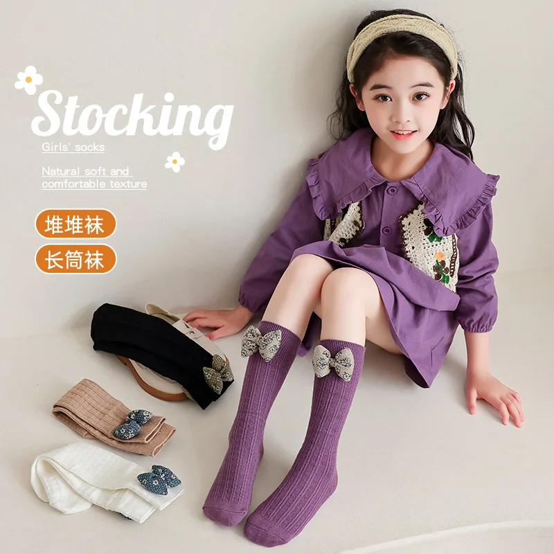 Sweet Little Girls Mid Calf Socks Retro Pastoral Style Floral Print 3D Giant Bowknot Cable Twist Knit Texture Soft Elastic Socks