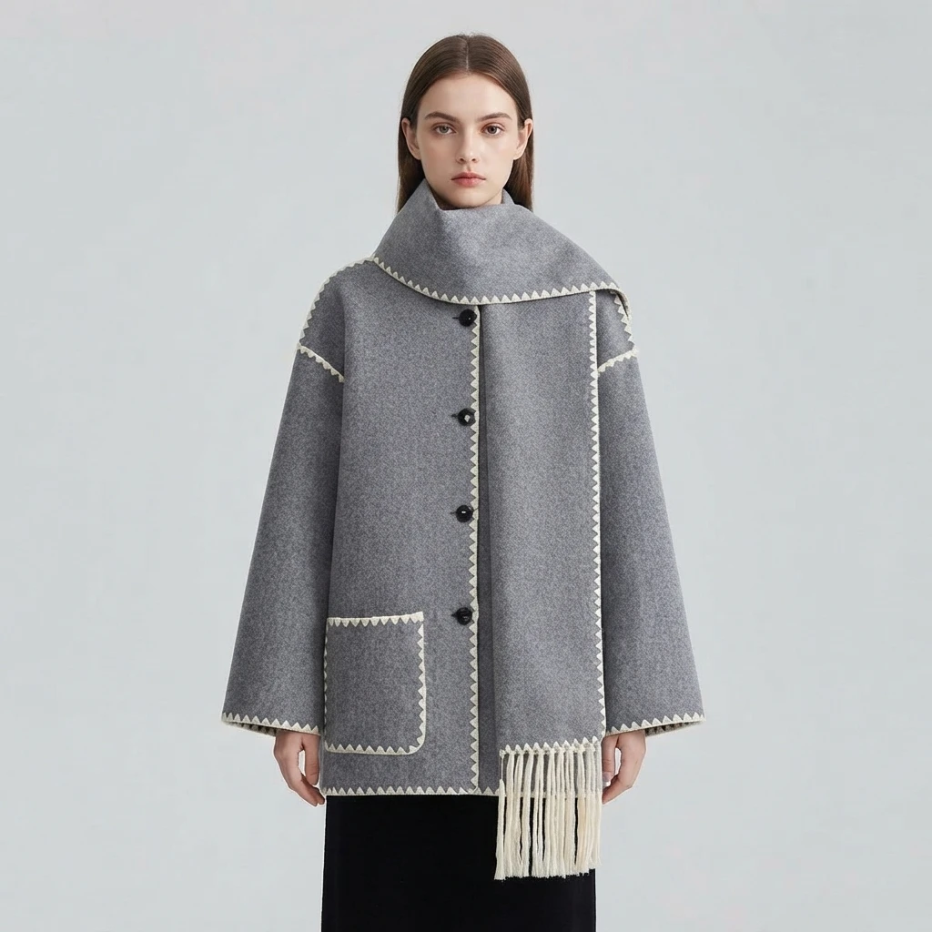 Cross-border European and American women's fashionable niche leisure fringed scarf-decorated stitching woolen jacket