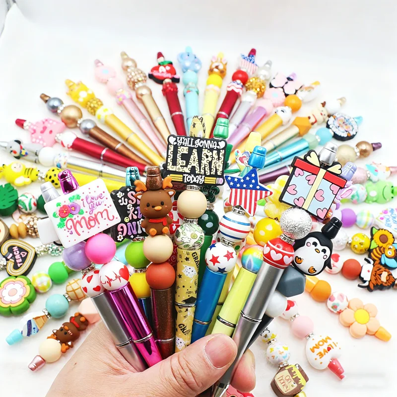 

10Pcs Mixed DIY Beadable Ballpoint Pens Silicone Beads Diamonds glitter Beaded Pens Korean Japanese Stationery Gifts Pen