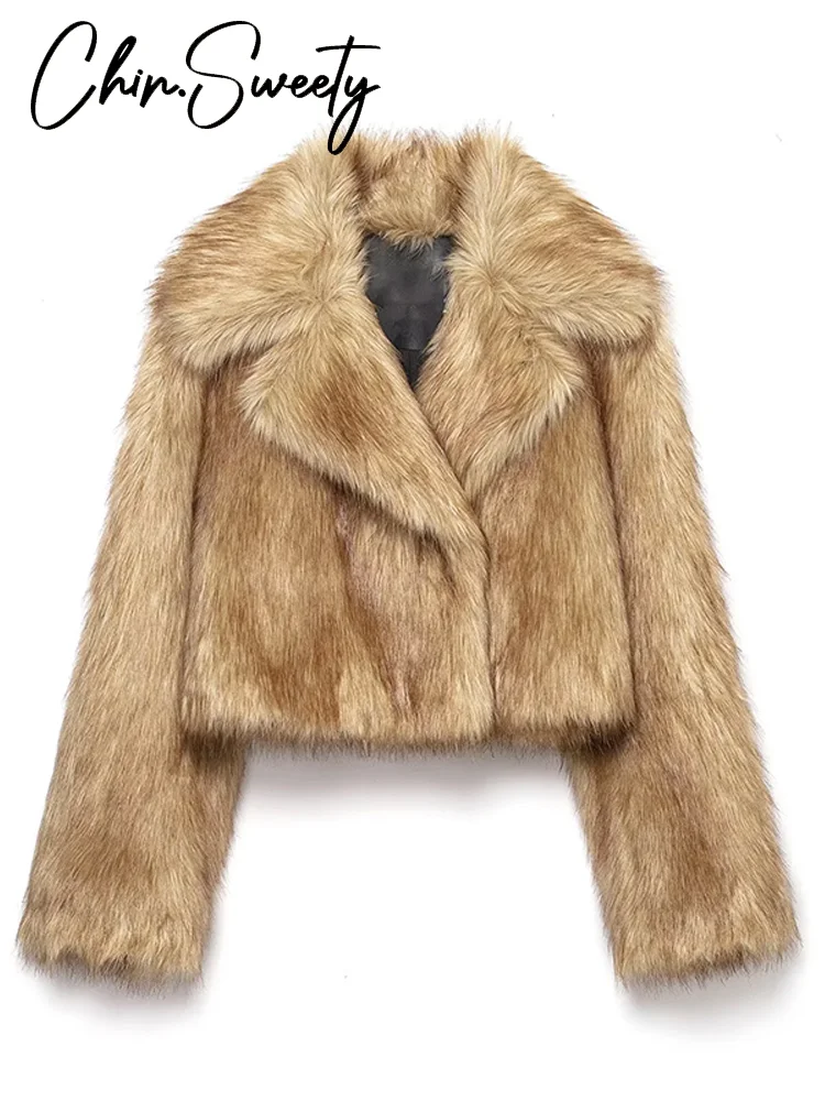 Straße Faux Pelz Kurze Frauen Mantel Elegante Lange Hülse Drehen-unten Kragen Taste Weibliche Outwear 2025, Herbst Winter Dame jacke Neue