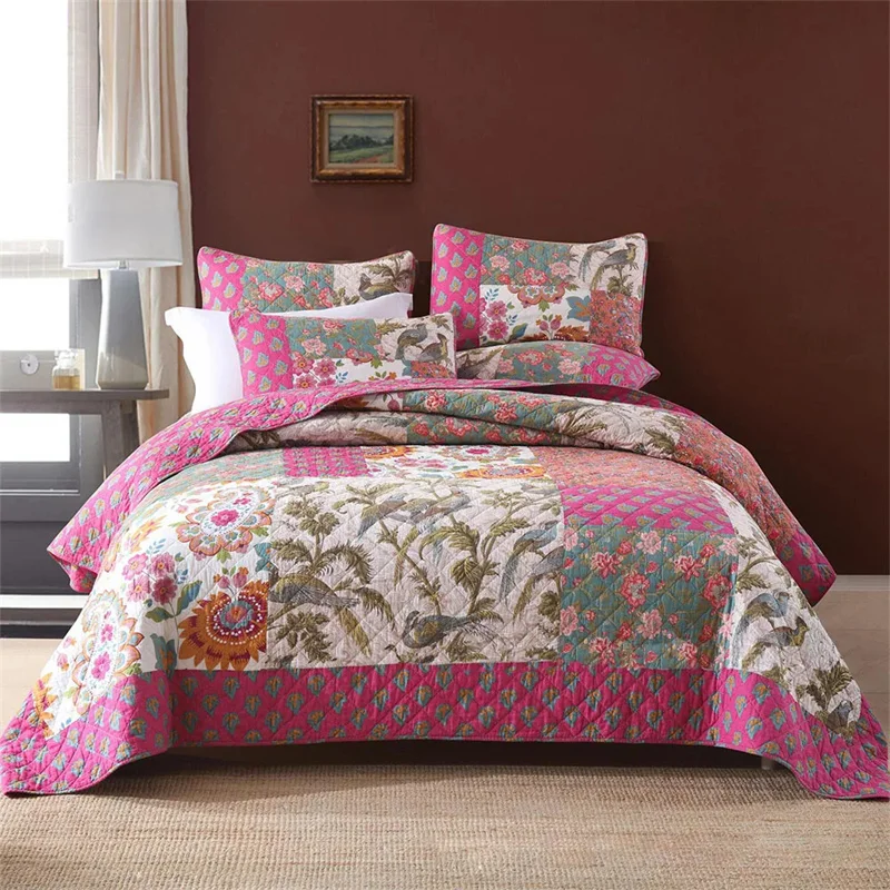 Handmade Patchwork Cotton Quilt Set 3 Pieces Quilted Bedspread & Coverlet King Queen Size Summer Lightweight Bedding Set Blanket