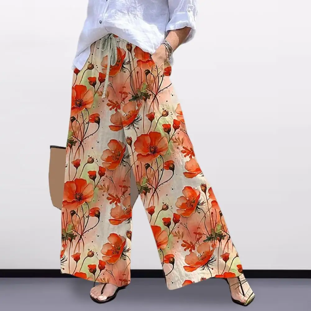 Women Wide-leg Pants Stylish Women's Wide-leg Pants with Elastic Waist Pockets Floral Print Digital Design Options for Summer