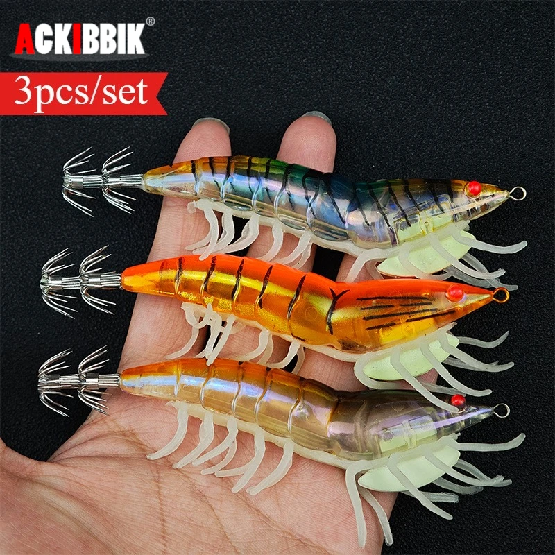 

Ackibbik 3pcs Luminous Squid Jig Lure 4.7inch/0.7oz Squid Jigs Sea Fishing Lure Set Glow Prawn Shrimp Bait Hooks Wood Shrimp