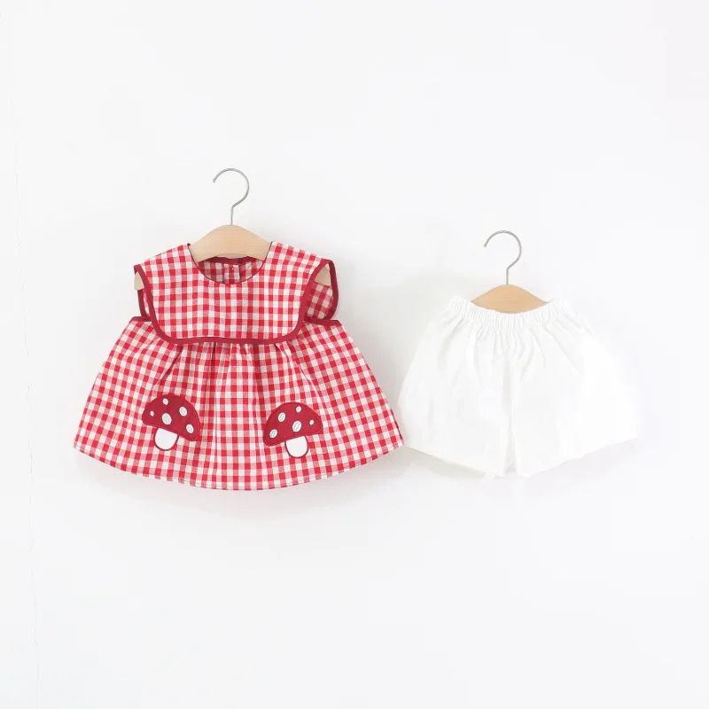 

Children's clothing for girls, summer outfit for baby girls, plaid sweet and cute mushroom shorts two-piece set, toddler summer