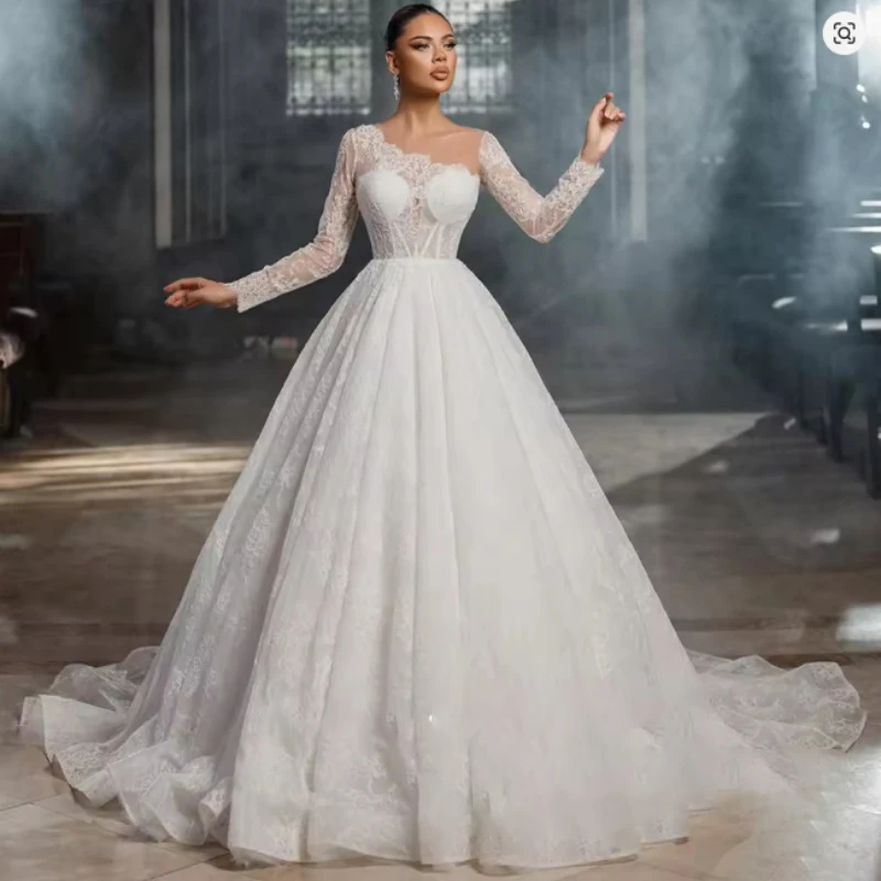 

Modest Wedding Dresses Scoop Collar Illusion Long Sleeve A-Line Bride Dress Lace Draped Bridal Gown Customized Traje De Novia