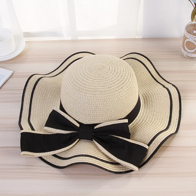 Summer Big Edge Hat, Wavy Edge Bow Straw Hat, Women's Beach Sunshade Big Edge Hat, Wholesale From The Manufacturer.