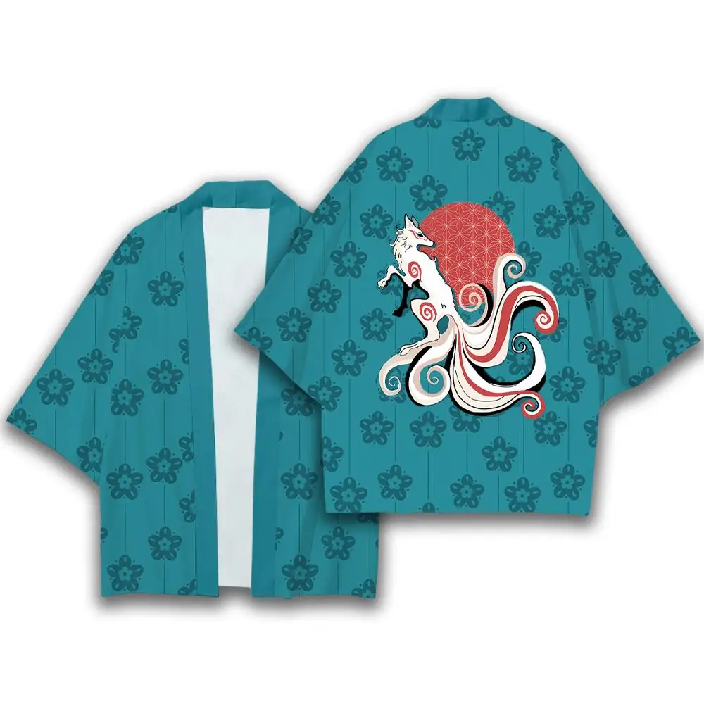 النمط الياباني التقليدي الكامل طباعة كيمونو Harajuku عطلة عادية الشاطئ سترة يوكاتا تسعة الذيل الثعلب Ukiyo-e الملابس