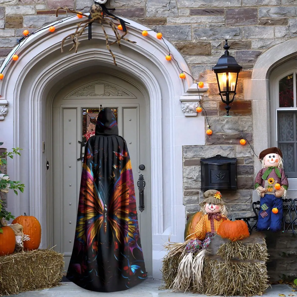 カラフルな蝶のロングフード付きマント魔女中世コスチュームコスプレケープハロウィンコート大人ユニセックス