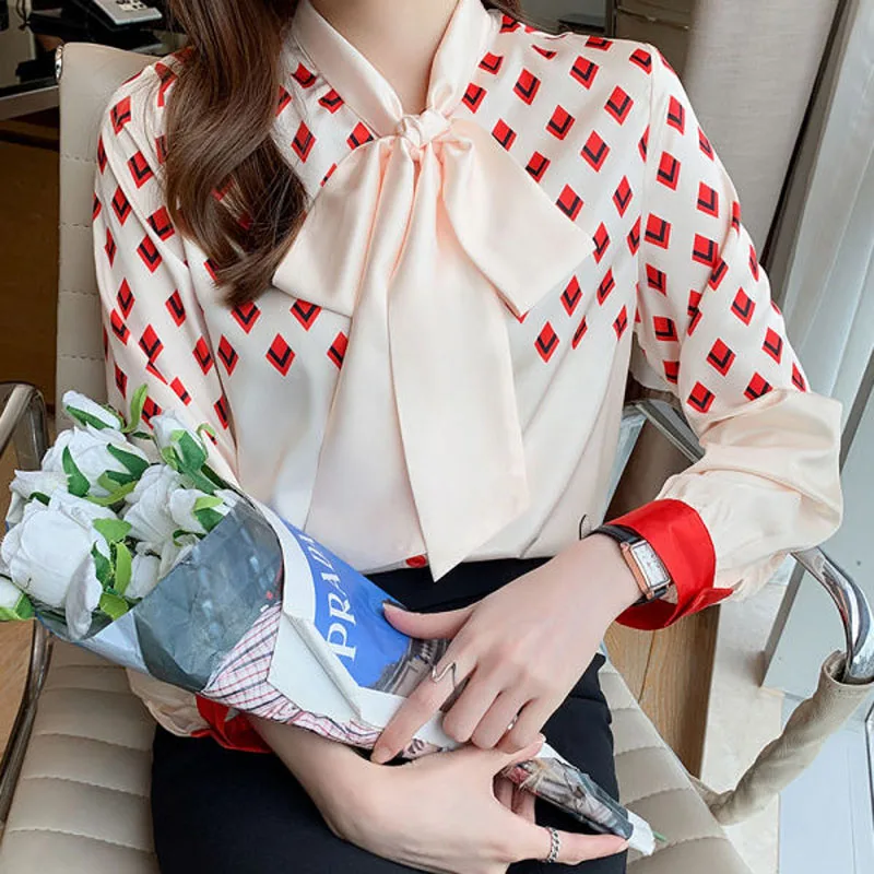 Elegant Fashion Long Sleeve Women\'s Printed Spliced Shirt Korean All-match Scarf Collar Lace Up Chiffon Blouse Female Clothing