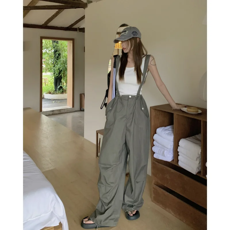 

Women Green Cargo Pants Straps Drawstring American Vintage Fashion Straight Wide Leg Pants Street Female Summer Mopping Trouser