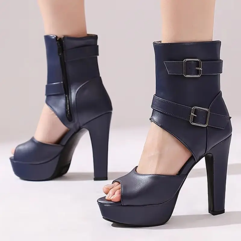 

Buckle Ankle Boots for Women High Heels Red Short Boot Platform Black White Peep toe Party Dance Shoes Ladies Large Size