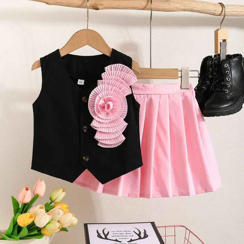Girls 3D Flower Vest Pleated Skirt Set Kids Stage Show Carnival Dress Up Costume Talent Show Masquerade Performance Outfit ZYD47