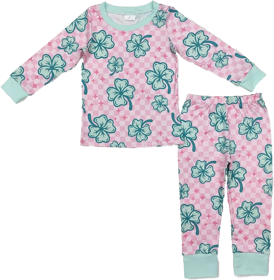 10.23 محظوظ أربع أوراق البرسيم منقوشة الوردي والأخضر حواف طويلة الأكمام السراويل ملابس خاصة مجموعة للفتيات ملابس الأطفال لطيف