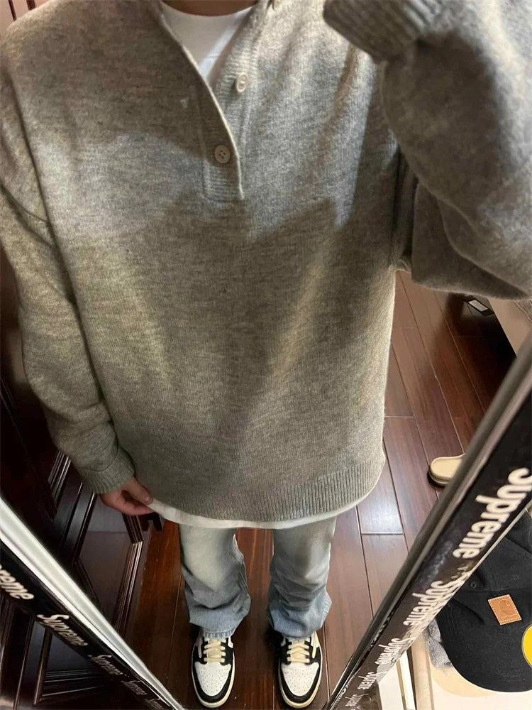 

Мужской трикотажный джемпер Henry Collar: теплый базовый слой для осени и зимы, комфортный, из мягкой ткани, с длинным рукавом, повседневный стиль