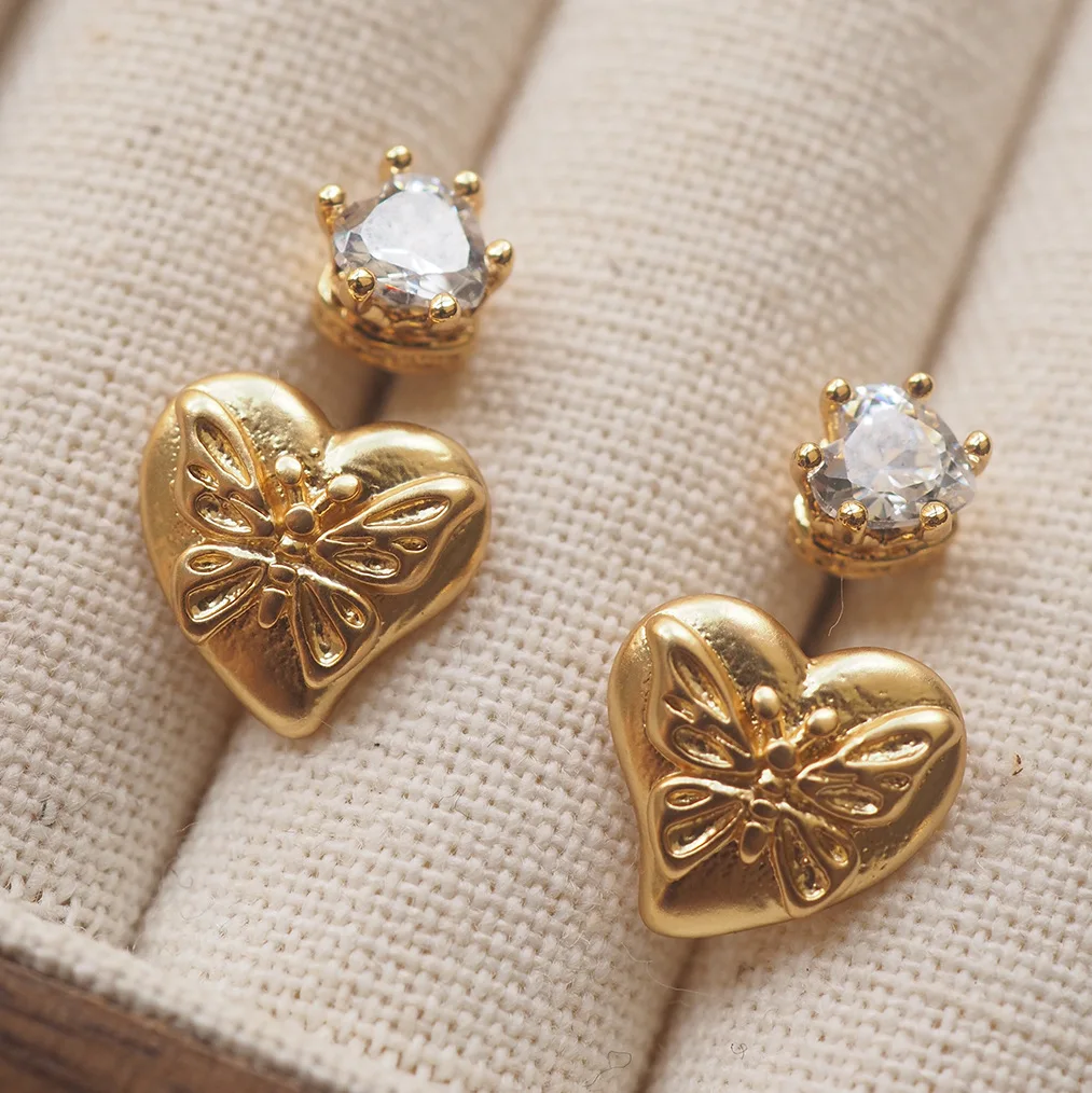 Vintage Greek Gold-Plated Relief Stud Earrings - Heart & Butterfly Design, Niche Statement Jewelry