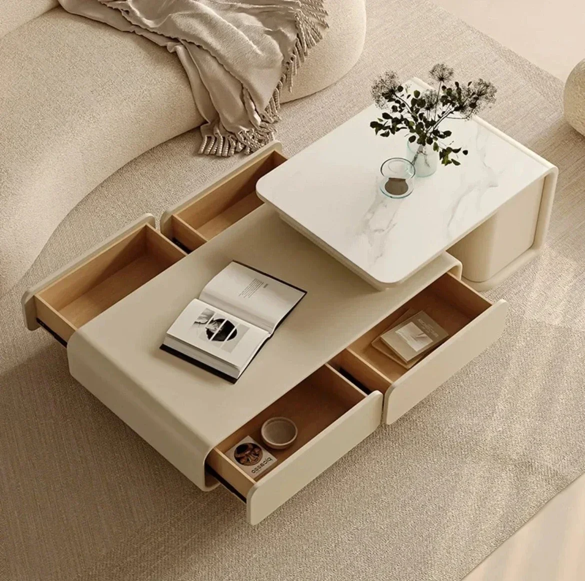 

Французский журнальный столик-тумба под телевизор с мраморной столешницей, выдвижной, большой вместимости