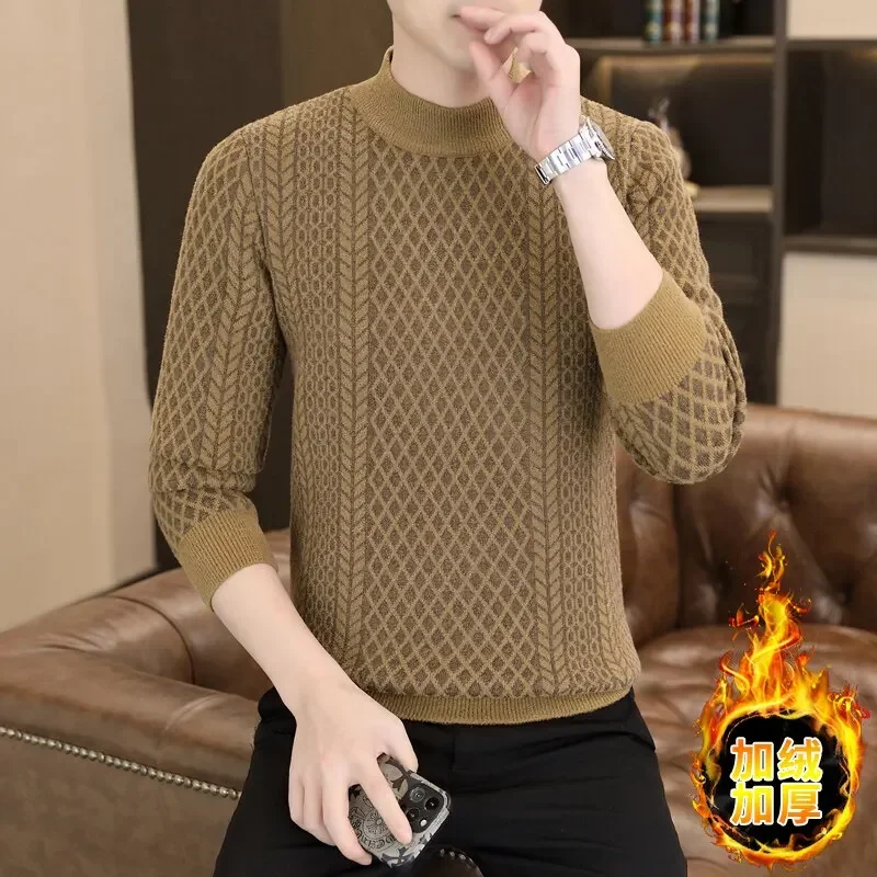 Winter One-piece Velvet Thick and Warm Sweaterfor Men's Retro Knitted Jacquard Round Neck Casual Pullovers Social Men Clothing