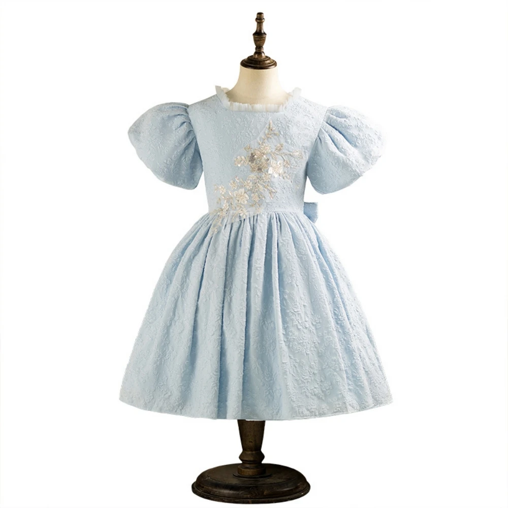 Vestido de princesa com lantejoulas e apliques de renda para crianças, performance escolar, requintado, azul, manga bufante, vestido de passarela personalizado