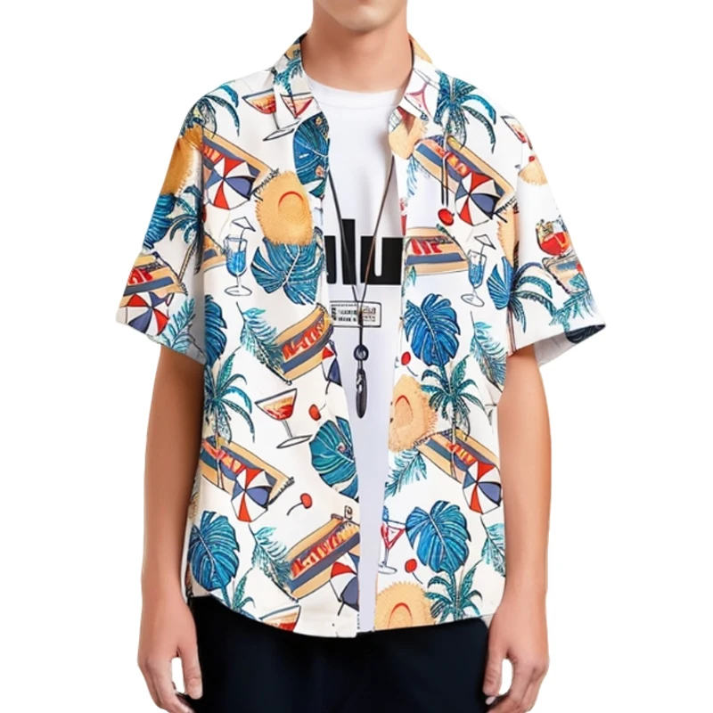 

Рубашка мужская с коротким рукавом, гавайский принт, пляжная одежда для отпуска, Свободная Повседневная блуза на пуговицах, размеры до 5XL, на лето