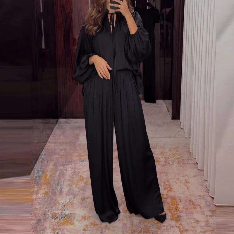 

Summer Loose Simple Sportwear Set Casual Lantern Long Sleeve Lace-up Shirts+Pants Set Elegant Women Satin Commute Two Piece Sets