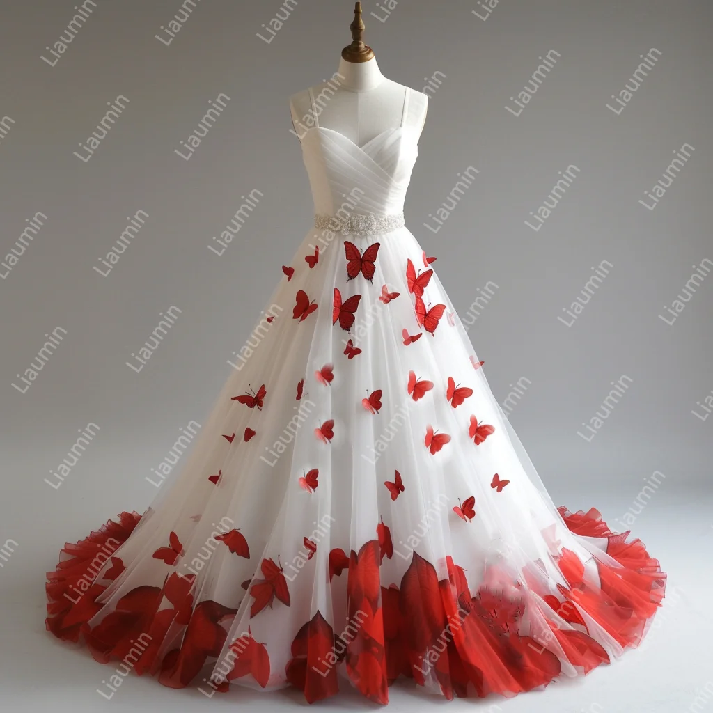 Elegant White A Line Lace-up Back Evening Dress Red Butterfly Applique Design Spaghetti Straps Prom Dress Customized W15-17.3