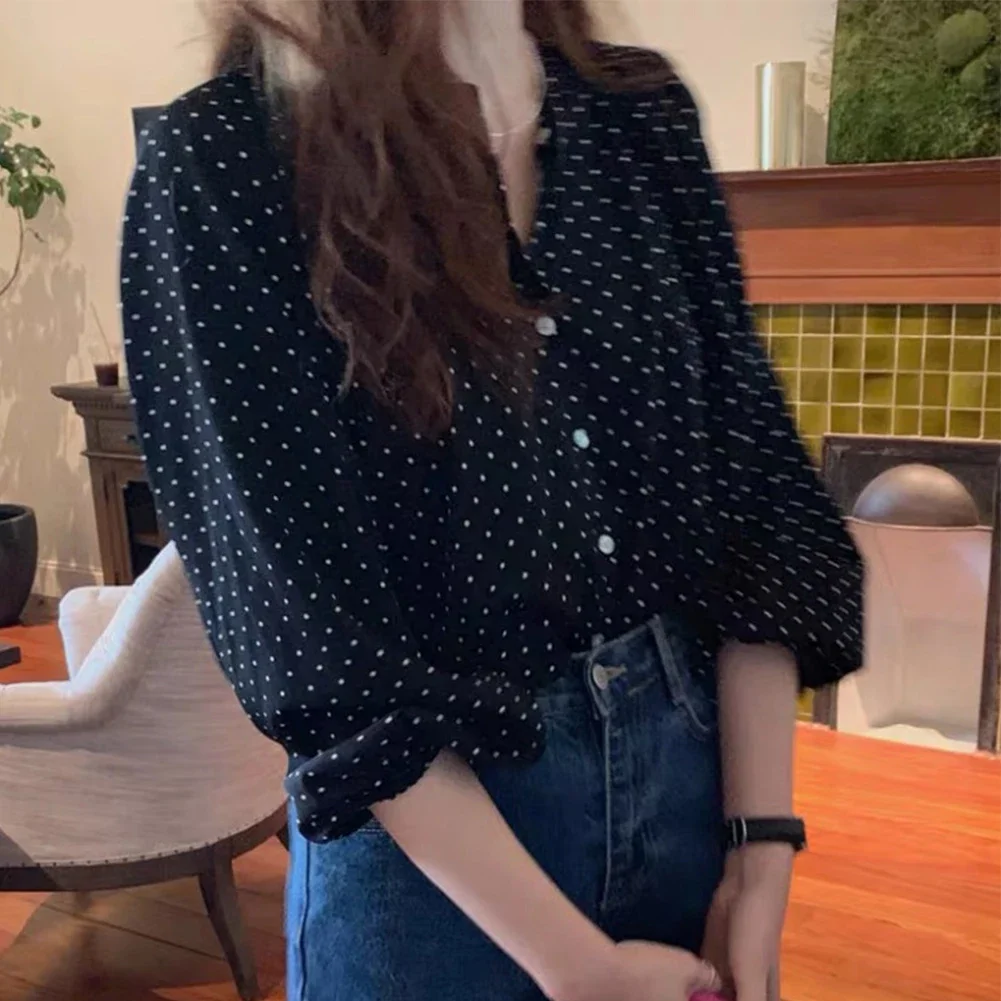 Chic-Retro Blouse Hepburn Style Lapel Contrast Color Polka Dot Design Loose Leisure All-Matching Long Sleeve Shirt For Women