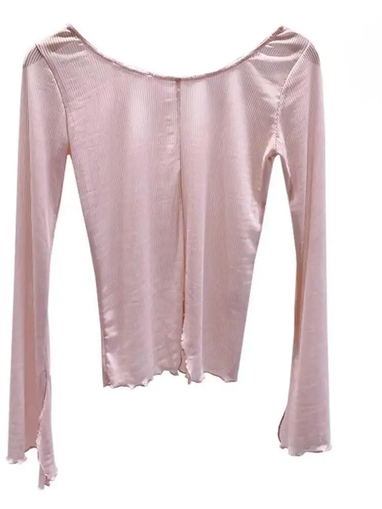 Blusa de malha com gola redonda de cor sólida com mangas sino e fendas laterais, roupa de dança de manga comprida respirável para performance