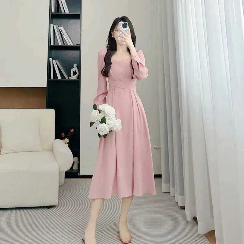 Women\'s Spring Fashion Simplicity Solid Color Square Collar Long Sleeve Dresses Women Clothes Casual Temperament Elegant Dress