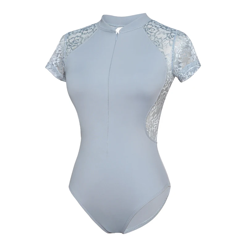 Women Ballet Leotards with Zipper Nylon Lace Splice Gymnastic Dance Leotard Adult Short Sleeves Ballet Bodysuit Dance Costumes