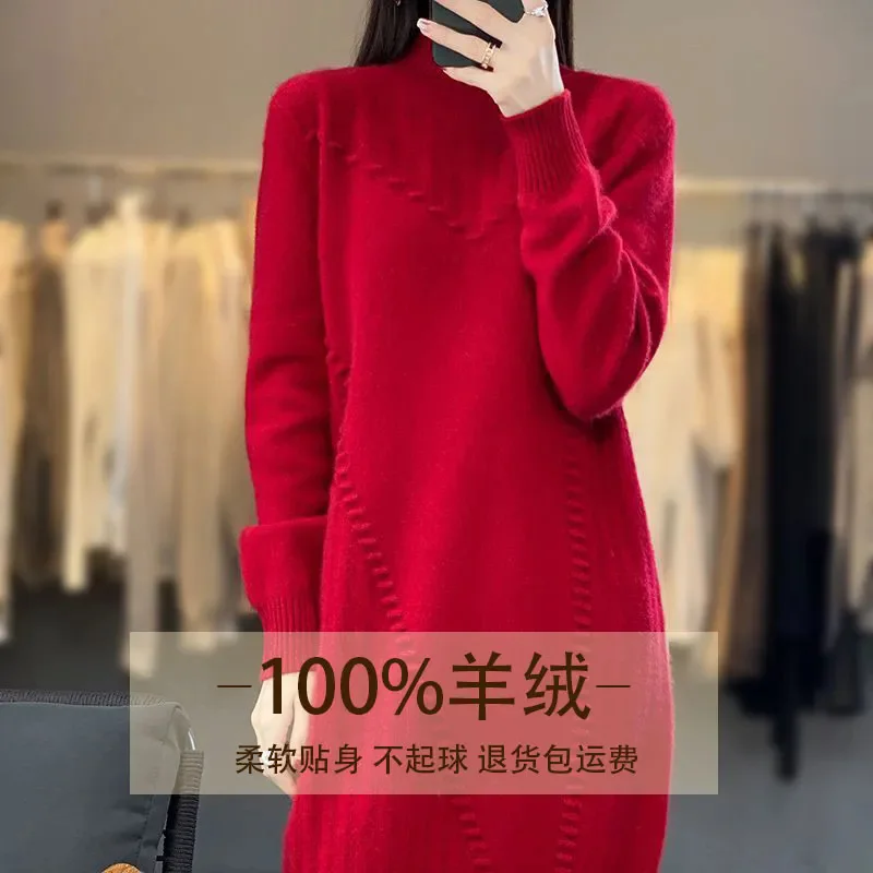 Erdos City Produces Medium To Long 100% Cashmere Sweater Dress, Half High Neck Loose Knit Wool Sweater For Women A-line Skirt