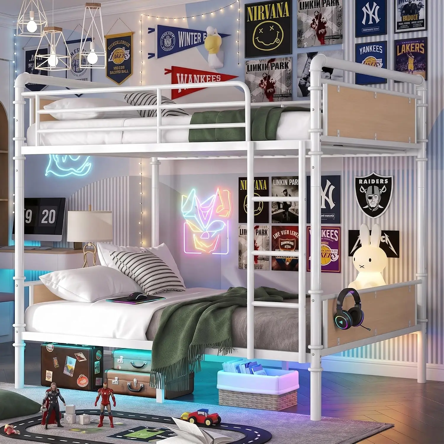 Twin XL Over Twin XL Bunk Bed, Industrial Detachable Bunked Frame with Soft Ladder Rung Cover and High Guardrails,, Customized