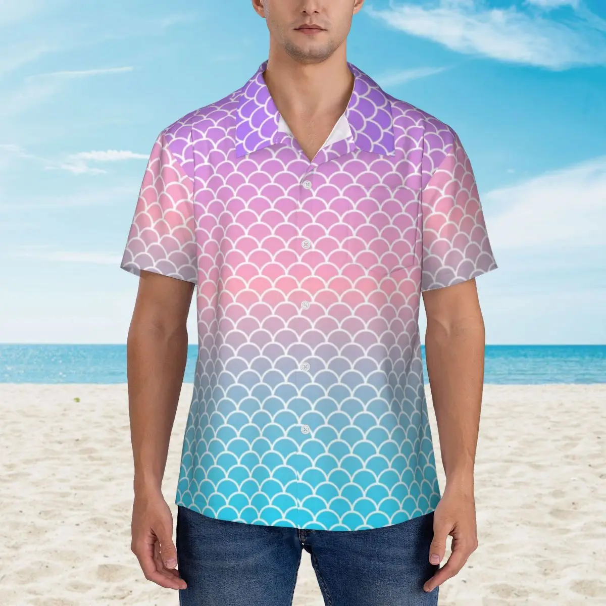 Ombre Mermaid Scales Vacation Shirt Man Blue Purple Casual Shirts Hawaii Short Sleeve Design Elegant Oversize Blouses Present