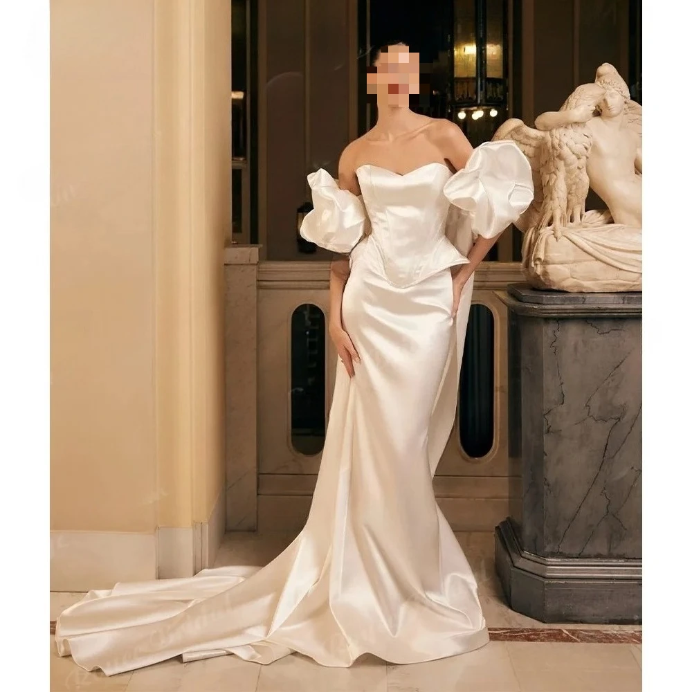 High Quality Elegant Customized Strapless Satin Gown Puff Sleeve Regal Elegant Luxury Venue Wedding Sophistication Customized