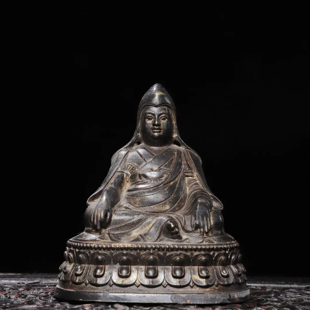 Tsongkhapa Buddha Statue Brass Gold Plated Antique Copper Home Temple Desk Worship Decor