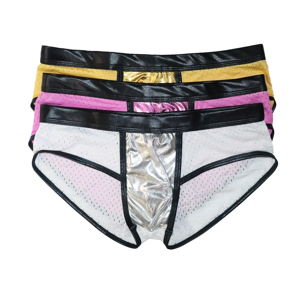 3/6pcs Men Sexy Panties U-pouch Convex Trunks Faux Leather Boxers Breathable Mesh Splicing Briefs Low Waist Jockstrap Underwear