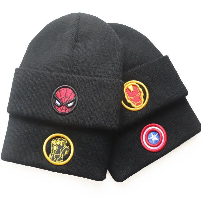 

Hot Toys Spiderman Knitted Hat Cartoon Embroidery Beanie Cap Iron Man Thanos The Avengers Unisex Warm Cap Christmas Present