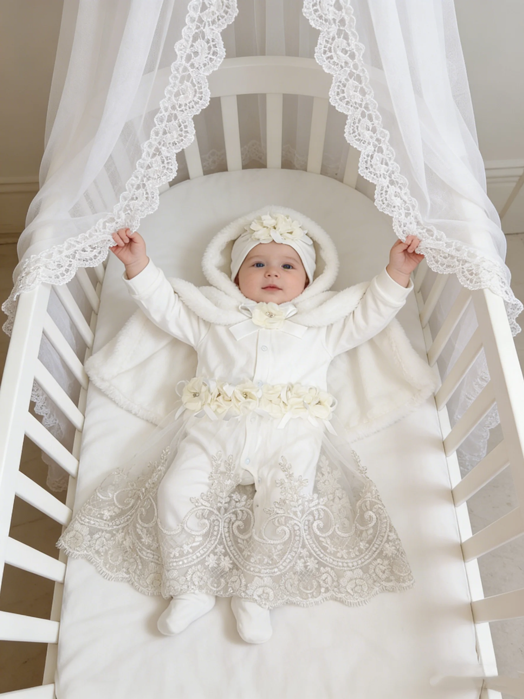Sacred Ceremony Fan Lace Train Baby Month Gown Soft Knit Crotch Snap Romper 2Pcs with Hand Flower Decor Bonnet