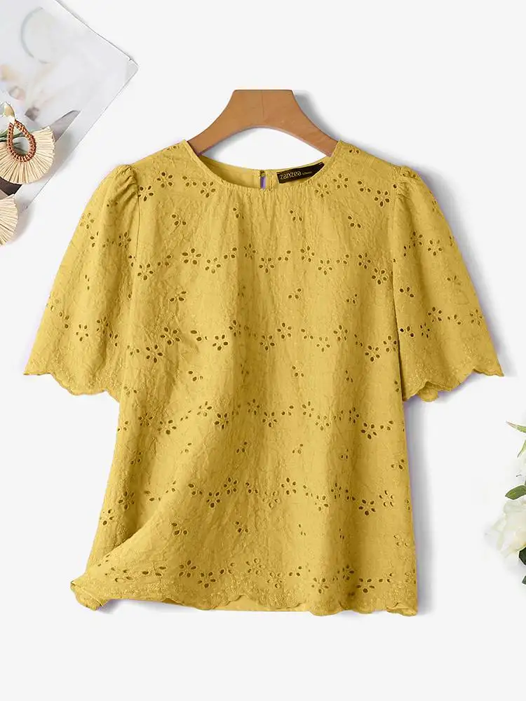 

Women Summer Tops ZANZEA Fashion Short Sleeve Lace Patchwork Blouse Elegant Hollow Out Blusas Bohemain Stylish Holiday Shirt