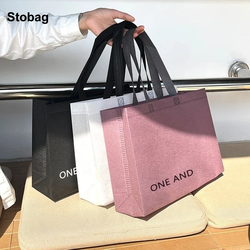 StoBag 10 pezzi Tote bag in tessuto Non tessuto tessuto colorato portatile eco-friendly Shopping Storage sacchetto grande riutilizzabile Logo