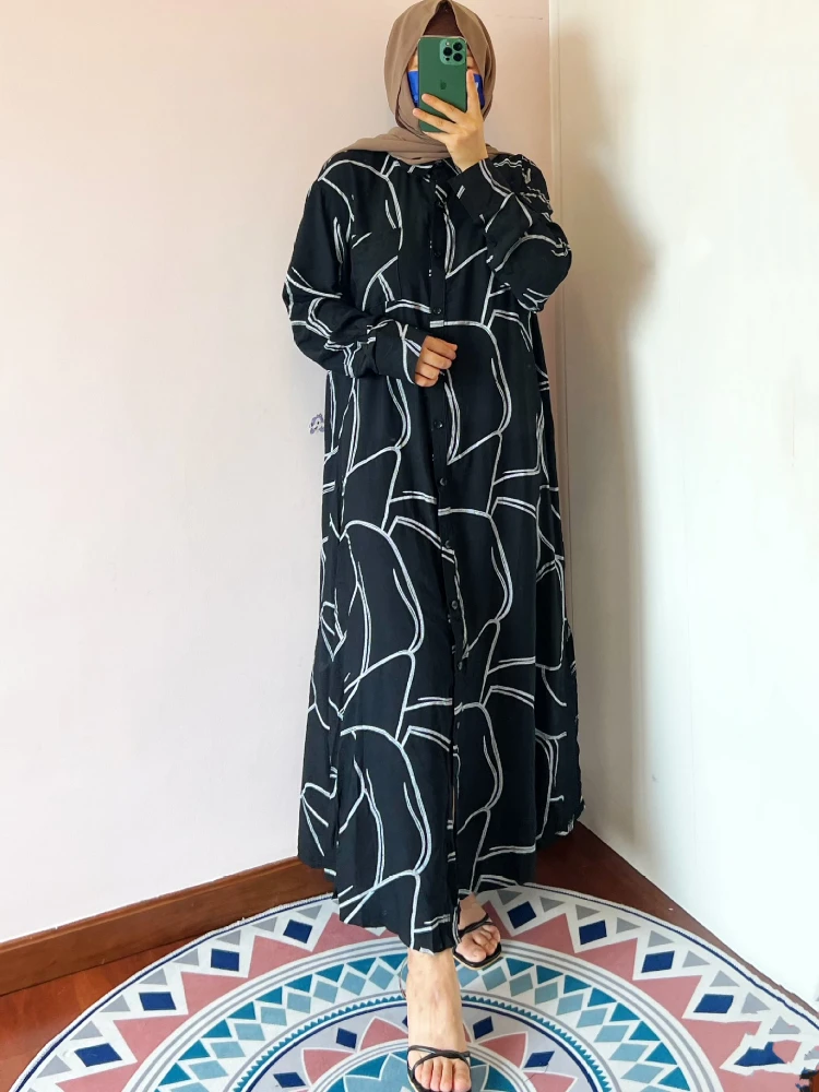 Morocco Muslim Shirt Dress Women Abaya Kaftan Print Casual Split Dresses Women Dubai Turkey Islam Long Dress Robe Femme Vestidos