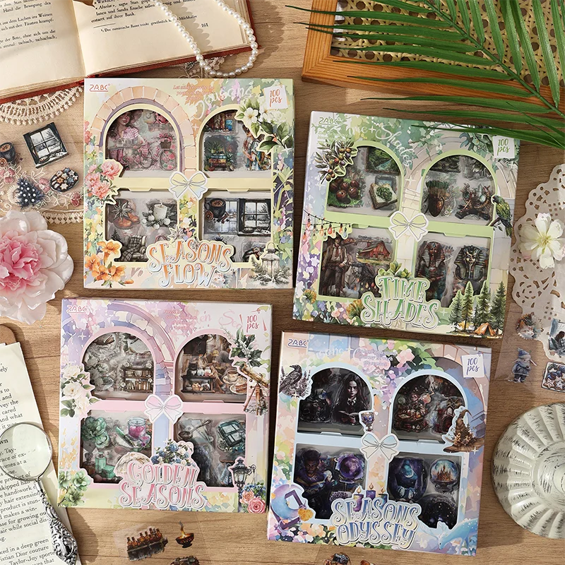100 Sheets Season Memory Sticker Box, Vintage Scrapbook Collection for Journal Handbook Dairy Decoration Gift Set, Mr. Paper