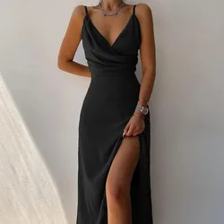 Women's Long Slit Dress V-neck Suspender Slit Print Sexy Backless Summer New Style 2024 Lady Long Elegant Robe