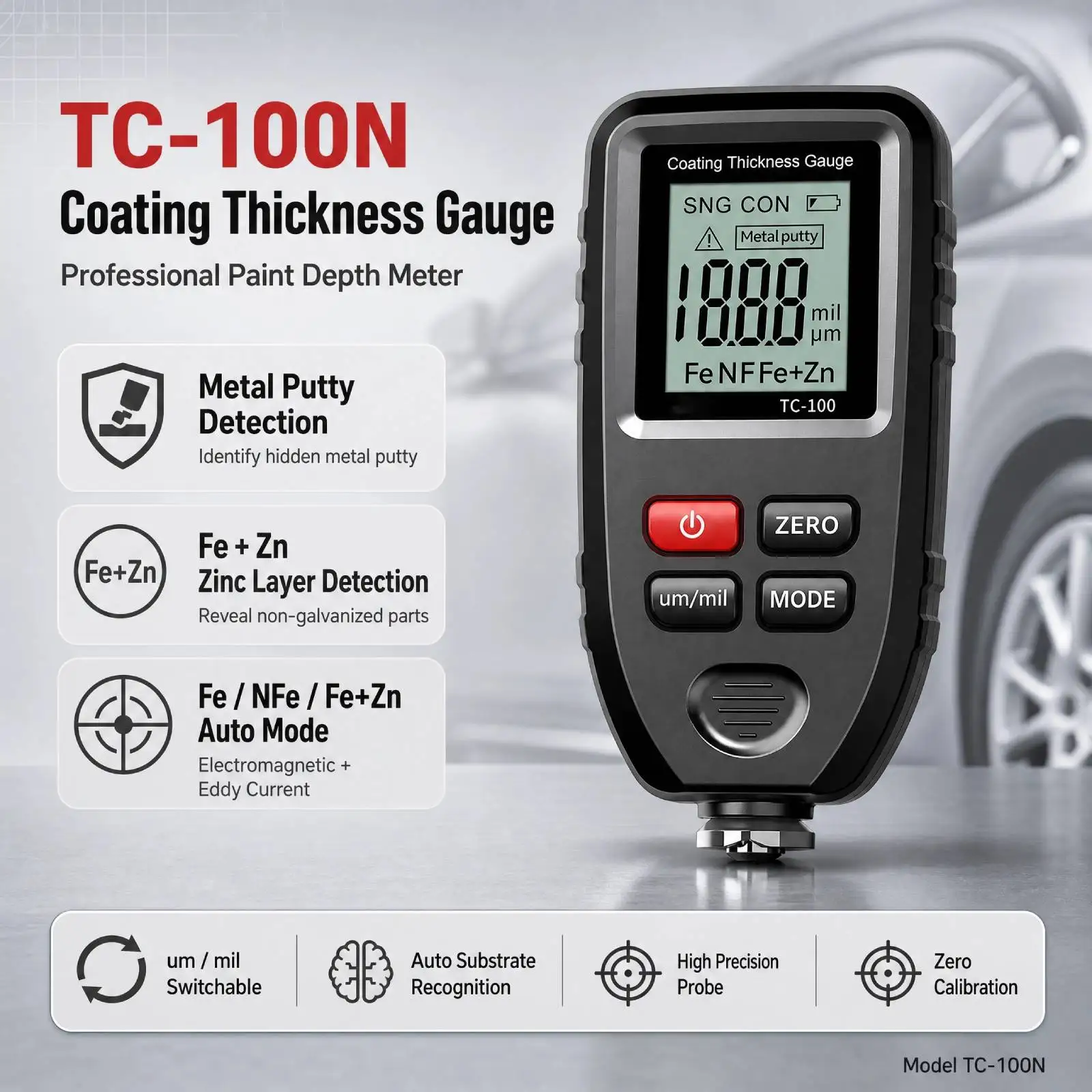 HoldPeak Digital Coating Thickness Gauge 0-1300um Paint Meter with Metal Putty & Fe+Zn Galvanized Layer Detect, Fe/NF Auto Probe