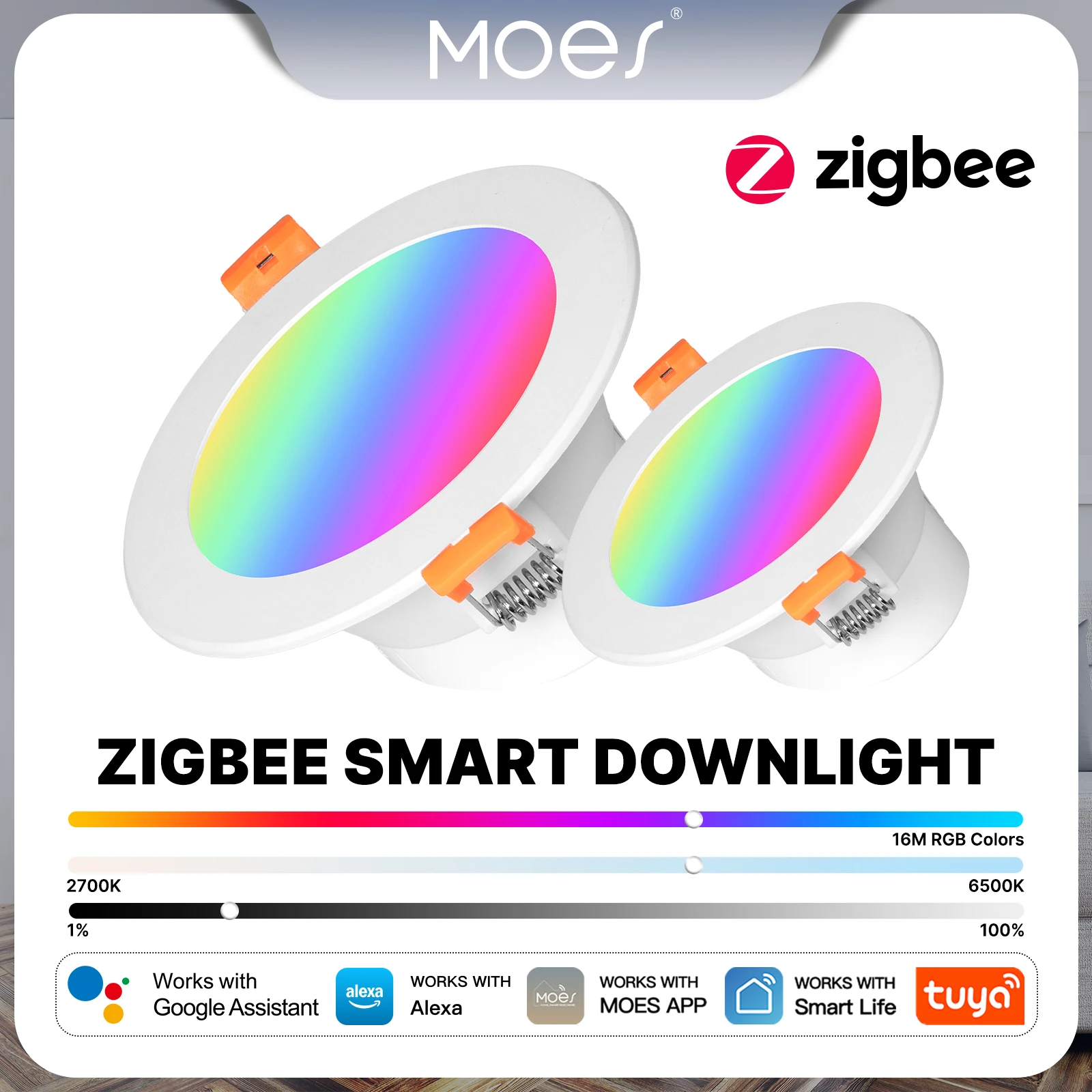 

MOES Tuya ZigBee Smart Downlight Светодиодные круглые прожекторы 9 Вт/12 Вт RGB Цветная лампа с затемнением 2700–6500 К Работает с Alexa Google Home