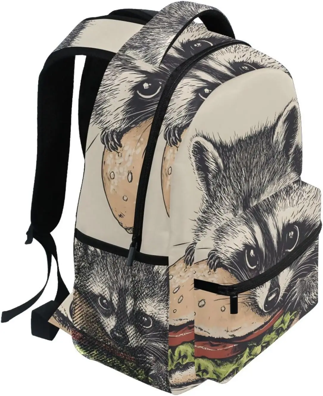 어린이 학교 배낭 소녀 소년을 위한 귀여운 너구리 햄버거 인쇄, 책가방 하이킹 배낭