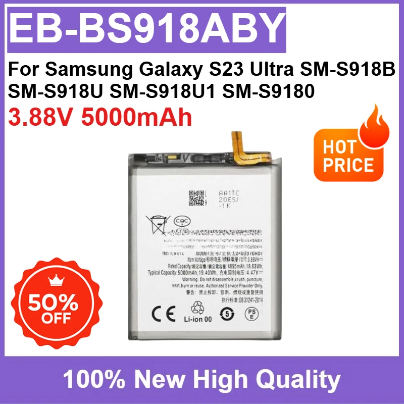 

New 0-cycle Battery EB-BS918ABY 3.88V 5000mAh High Quality for Samsung Galaxy S23 Ultra SM-S918B SM-S918U SM-S918U1 SM-S9180