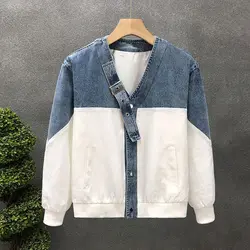 Spring Autumn New Fashion V-neck Long Sleeve Patchwork Contrast Color Jackets Men's Clothing Drawstring Button Korean Chic Tops