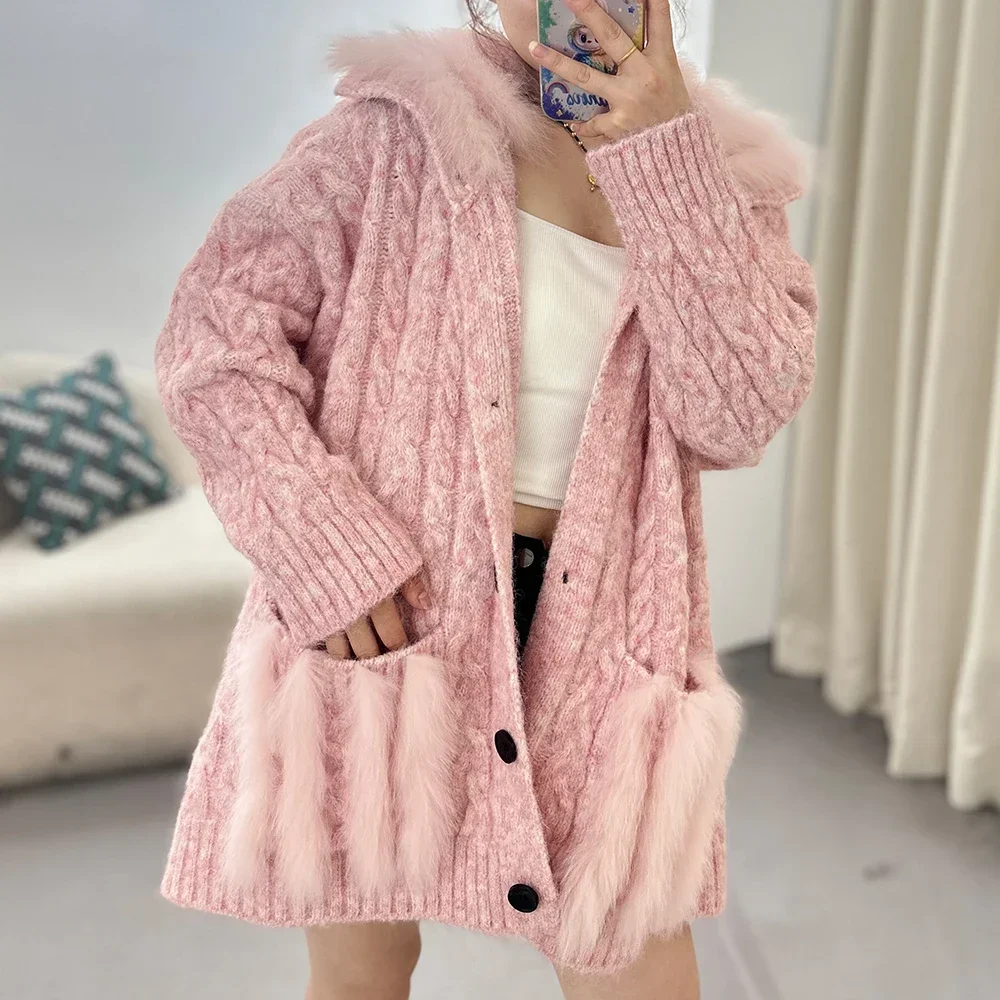 

Real Fur Coat Fox Fur Collar Knitted Jacket Women 2025 New Autumn Knitted Cardigans Sweater Fur Striped Knitwear Outwear Female