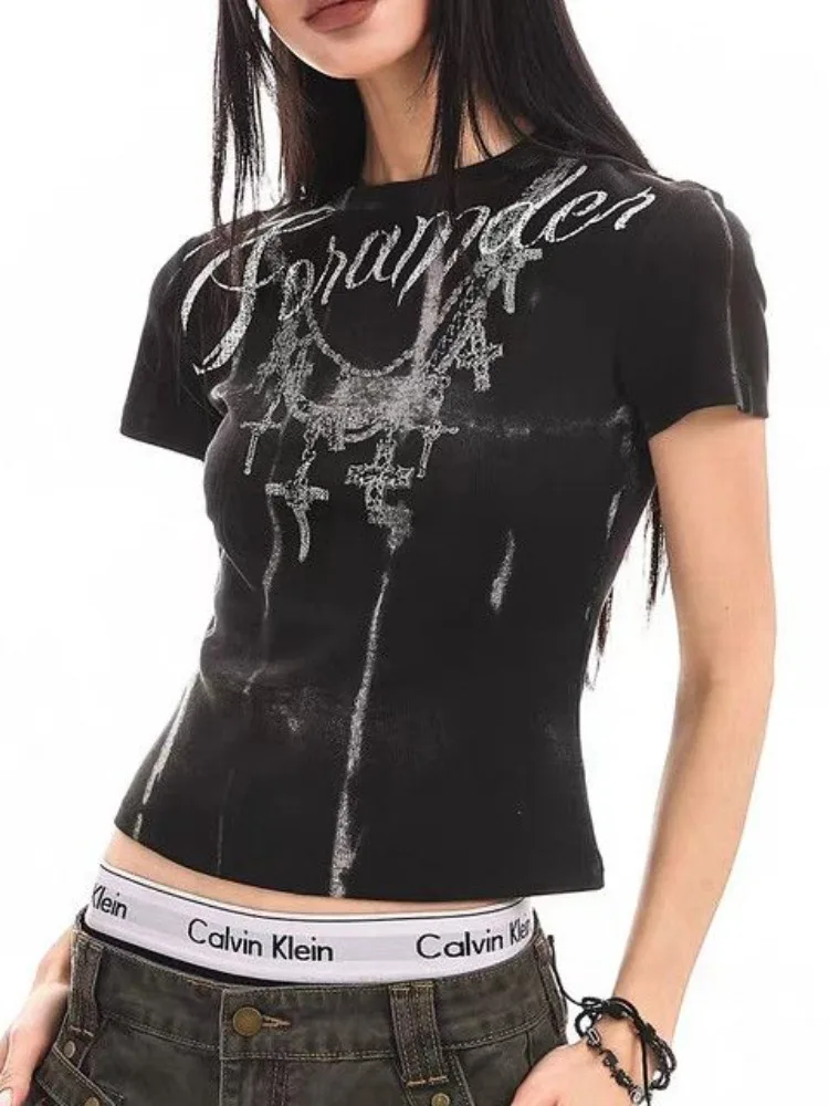 

Deeptown Gothic Black Women T-shirts Punk Graphic American Retro Short Sleeve T-shirts Gyaru Streetwear Goth Grunge Aesthetic